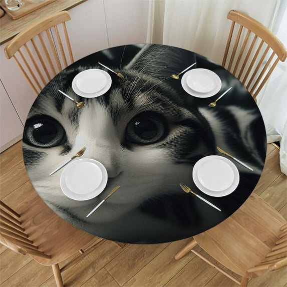 WYYP Cute Cat Round Tablecloth - Great for Home Kitchen/Parties/Holiday Dinner - 100% Polyester Fiber - Mother's Day White