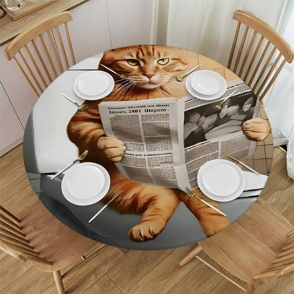 WYYP Cute Cat Round Tablecloth Waterproof 100% Polyester Fiber Mother's Day Table Cloth White