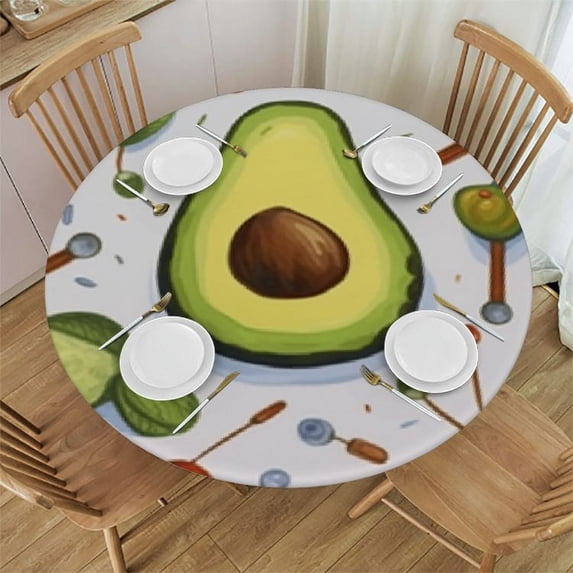 WYYP Cute Funny Fruit Avocado Round Table Cover with Umbrella Hole Zipper Stain Resistant Waterproof Stretch Tablecloth Washable Polyester for Outdoor Party Weddings Decorations Tablecloths White