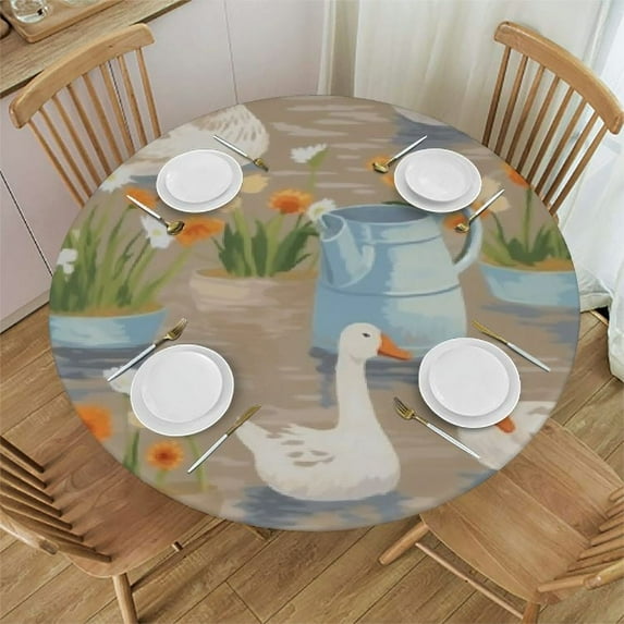 WYYP Cute Goose Flowers Fitted Round Table Cover with Elastic Protector Table Kitchen Dinner Waterproof Oil-Proof Tablecloth White