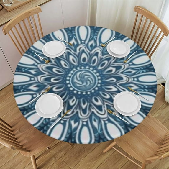WYYP Dahlia Floral Medallion Compass Mandala Style Outdoor Fitted Tablecloth White