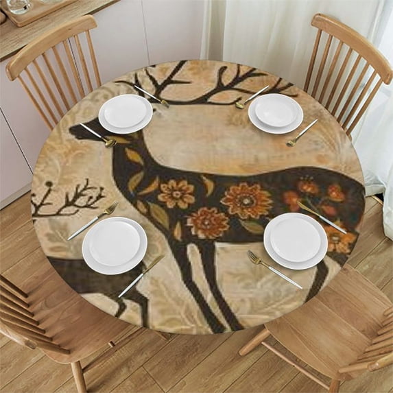 WYYP Deer Antlers Floral Design Round Tablecloth Waterproof 100% Polyester Fiber White