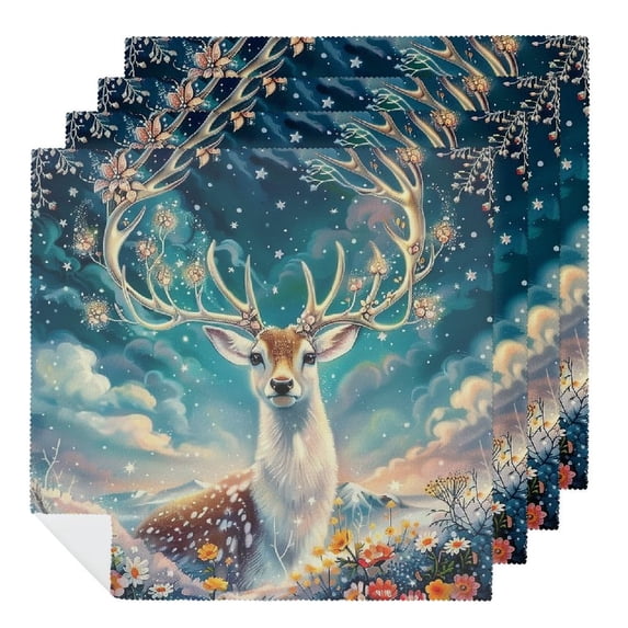 WYYP Deer Flowers Sky Cloth Napkin Reusable Dinner Napkin for Dining Table Kitchen Daily Party Housewarming Farmhouse Decor 4 PCS