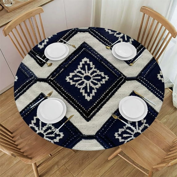 WYYP Diamond Pattern Round Tablecloth - Outdoor Picnic Camping and Indoor Kitchen Dining Party Table Decoration - 100% Polyester Fiber White