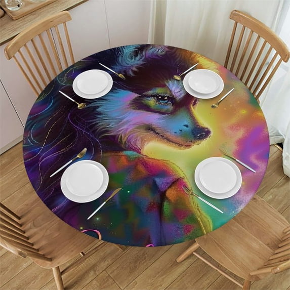 WYYP Dog, Girl, Colorful Round Tablecloth 100% Polyester Fiber Outdoor Fitted White