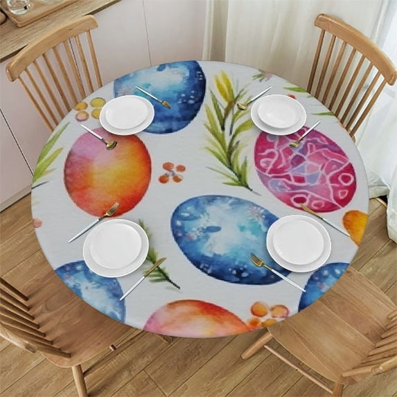 WYYP Easte Egg Leaf Round Fitted Tablecloth Easte Decor Round Table Cover with Elastic Edge Waterproof Wipeable Polyester Circle Table Cloths for Party Patio Holiday Decor White