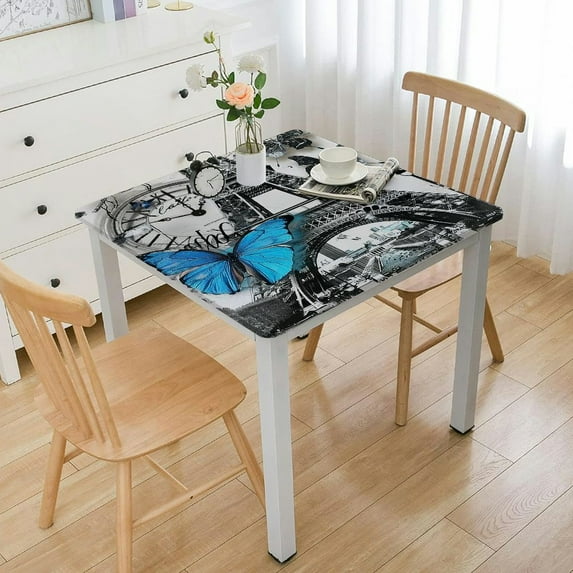 WYYP Eiffel Tower Butterfly Clock Square Tablecloth Waterproof 100% Polyester Fiber 36*36