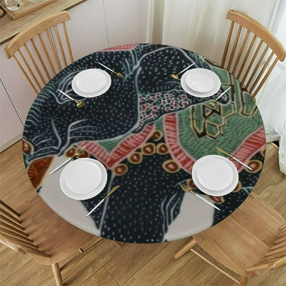 WYYP Elephant Bandana Diamond Pattern Round Tablecloth with Elastic Edge 100% Polyester Fiber Waterproof White