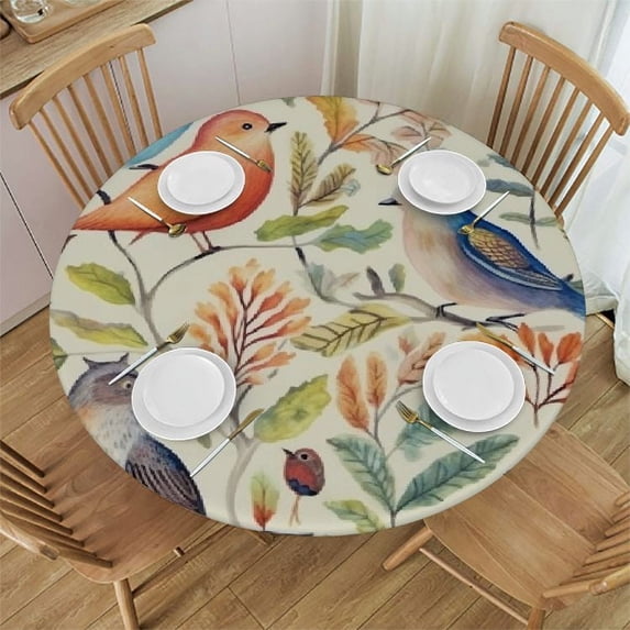WYYP Fall Leaves Elastic Round Tablecloth, Autumn Animal Fox Owl Birds Fitted Tablecloths for Round Table Oil-Proof Waterproof Table Cloth White