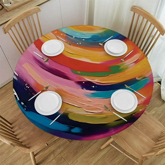 WYYP Feather Stack Multicolored Abstract Brush Strokes Round Tablecloth Full Width Single-Sided Printing 100% Polyester Fiber Washable for Home Kitchen Outdoor Decoration White