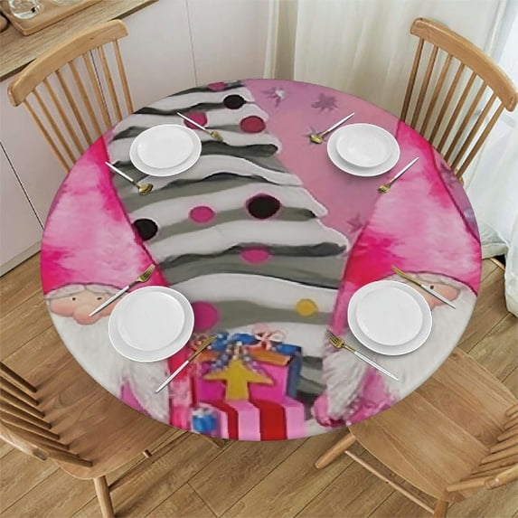 WYYP Fitted Tablecloth for Round Table,Christmas Dwarf Purple Xmas Tree White Table Cover with Elastic Edge Waterproof Table Cloth,Winter Snowflake Gift Circle Table Covers for Kitchen Indoor White