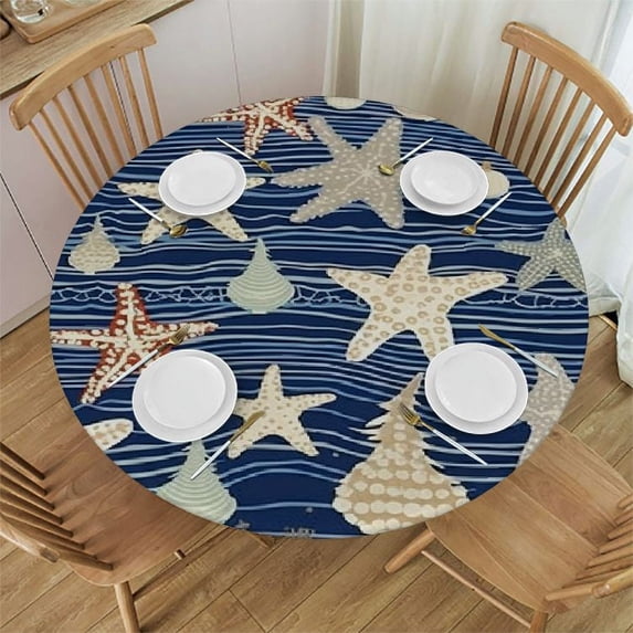 WYYP Fitted Tablecloth for Round Table,Christmas Summer Starfish Conch Xmas Tree Table Cover with Elastic Edge Waterproof Table Cloth,Navy Blue Stripe Circle Table Covers for Kitchen Indoor White