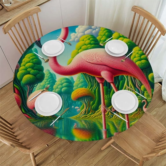 WYYP Flamingo Round Tablecloth Washable for Home Kitchen Outdoor Decoration 100% Polyester Fiber Tablecloths White