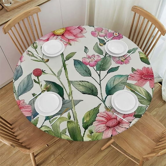 WYYP Floral Design Butterfly Pink Flower Round Table Cloth 100% Polyester Table Cover White