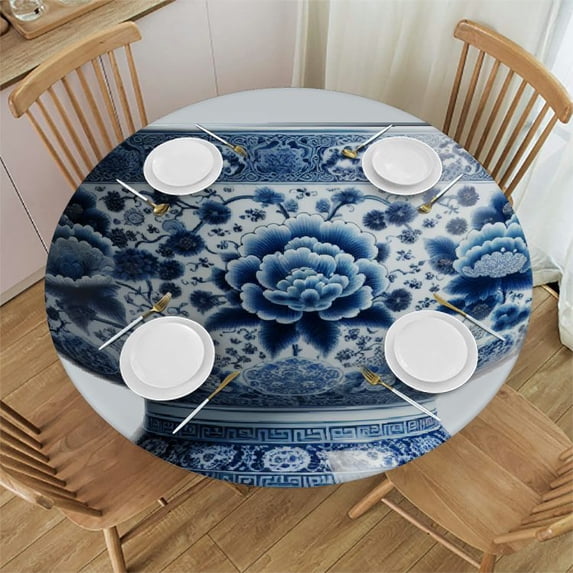 WYYP Floral Patterns, Chinese Design, Ming and Qing Dynasties Outdoor Fitted Round Tablecloth 100% Polyester Fiber Washable for Home Kitchen Outdoor Decoration White