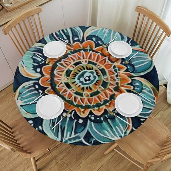 WYYP Flower Blue Orange Round Tablecloth 100% Polyester Fiber Washable for Home Kitchen Outdoor Decoration White