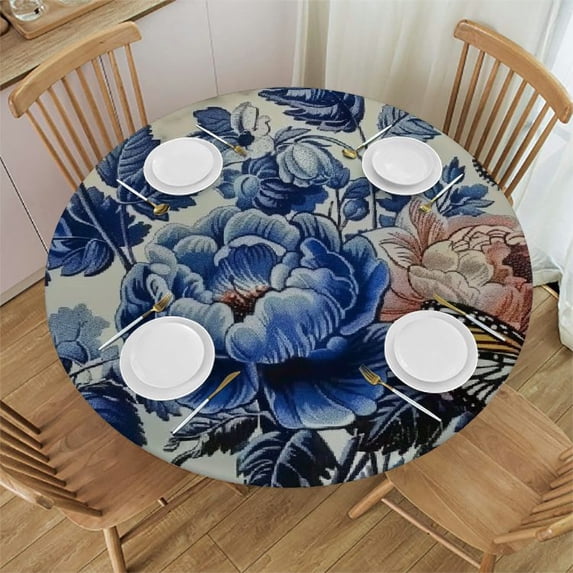 WYYP Flower Butterfly Rococo Round Tablecloth Waterproof Resistant Fabric 100% Polyester Fiber for Picnic Dining Kitchen Farmhouse White