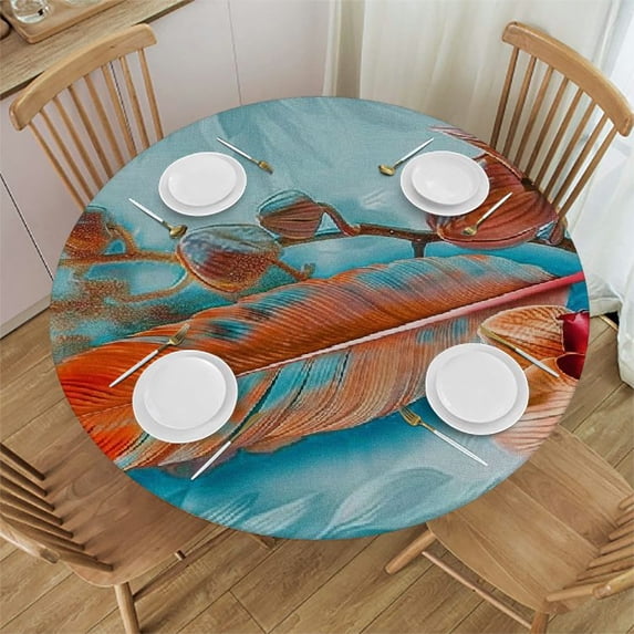 WYYP Flower Feather Table Top Round Tablecloth Waterproof Resistant Fabric for Picnic Dining Kitchen Farmhouse White