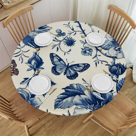 WYYP Flower Pattern Butterfly Pattern Vintage Round Tablecloth with Elastic Edge 100% Polyester Fiber White