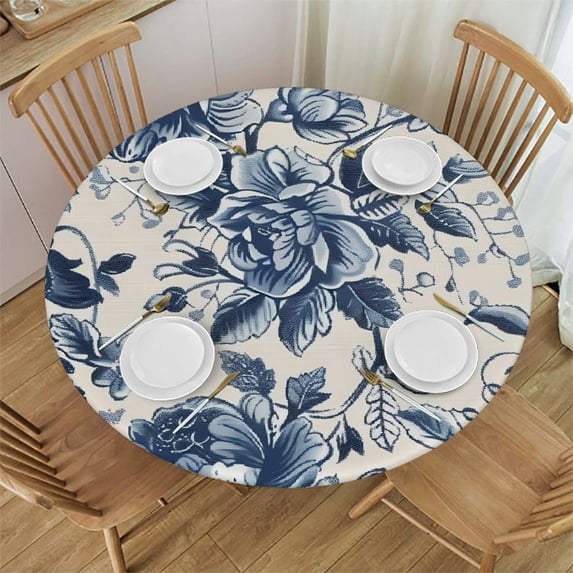 WYYP Flower Pattern Round Tablecloth - Outdoor Picnic Camping and Indoor Kitchen Dining Party - 100% Polyester Fiber - Full Width Single-Sided Printing White