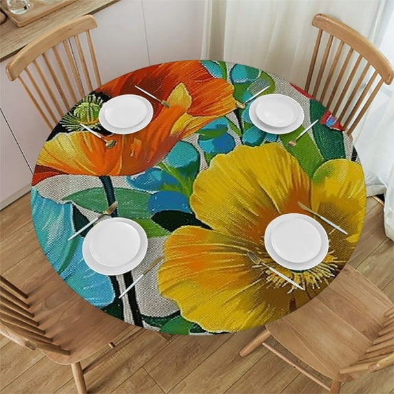 WYYP Flowers Annabel Kidston Colorful Round Tablecloth Waterproof Resistant Fabric Outdoor Fitted White