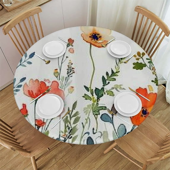WYYP Flowers Annabel Kidston Watercolor Painting Round Tablecloth Waterproof Polyester Fiber Washable for Home Kitchen Outdoor Decoration White