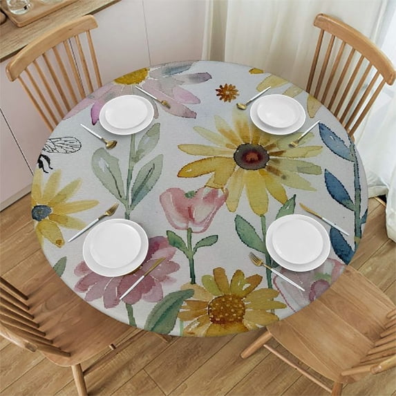 WYYP Flowers Bees Wall Round Tablecloth for Picnic Dining Kitchen Farmhouse 100% Polyester Fiber Full Width Single-Sided Printing White