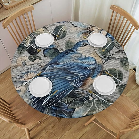 WYYP Flowers Bird Fabric Round Tablecloth Washable for Home Kitchen Outdoor Decoration 100% Polyester Tablecloths White