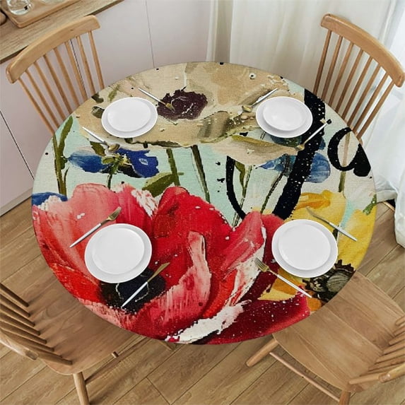 WYYP Flowers Bloom Poster Art Round Tablecloth, Full Width Single-Sided Printing, 100% Polyester Fiber, Table Decoration White