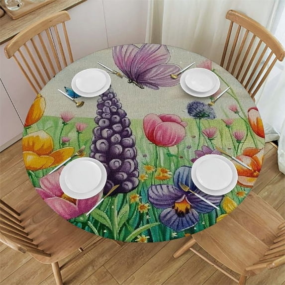 WYYP Flowers Butterflies Field Round Tablecloth Washable for Home Kitchen Outdoor Decoration 100% Polyester Table Cover White