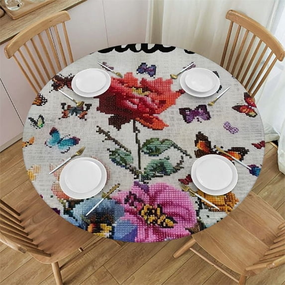 WYYP Flowers Butterflies Round Tablecloth - Outdoor Picnic Camping and Indoor Kitchen Dining Party - 100% Polyester Waterproof Resistant Fabric White