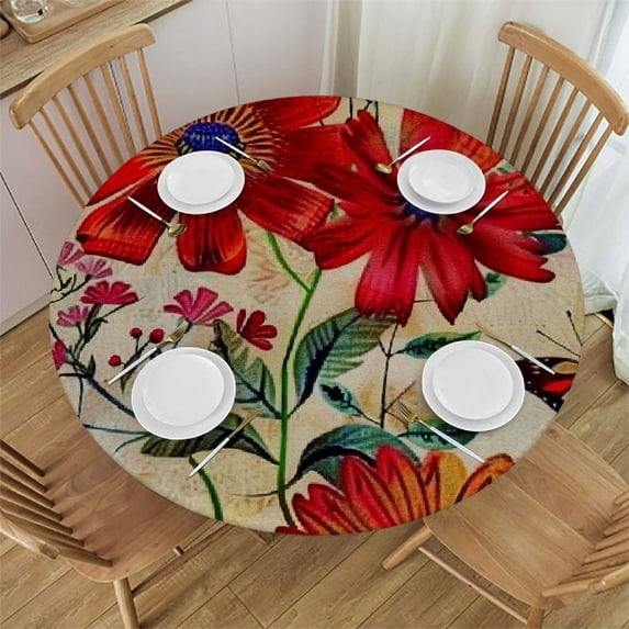 WYYP Flowers Butterfly Bird Round Table Cloth 100% Polyester Fiber for Picnic Dining Kitchen Farmhouse White