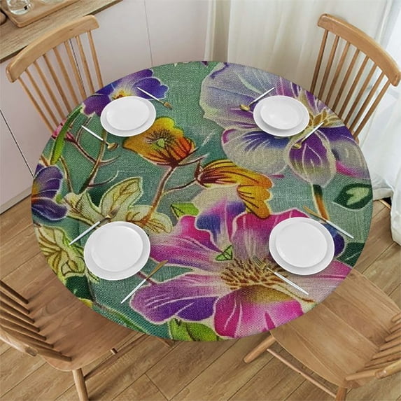 WYYP Flowers Flowers Round Tablecloth - Great for Home Kitchen/Parties/Holiday Dinner - 100% Polyester Fiber - Outdoor Fitted White
