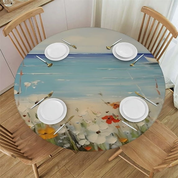 WYYP Flowers Flowers Round Tablecloth Great for Home Kitchen/Parties/Holiday Dinner 100% Polyester Fiber with Elastic Edge White