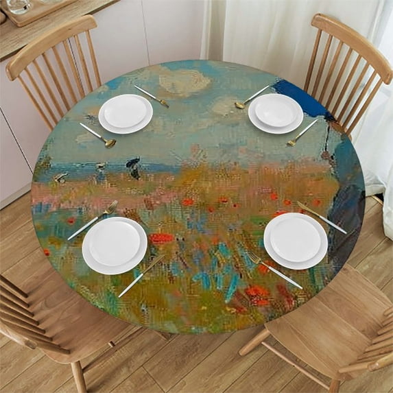 WYYP Flowers Flowers Round Tablecloth Outdoor Fitted 100% Polyester Waterproof Resistant Fabric White