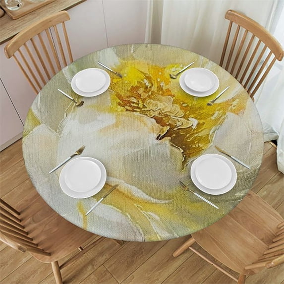 WYYP Flowers Flowers Round Tablecloth with Elastic Edge 100% Polyester Fiber for Outdoor Picnic Camping and Indoor Kitchen Dining Party White