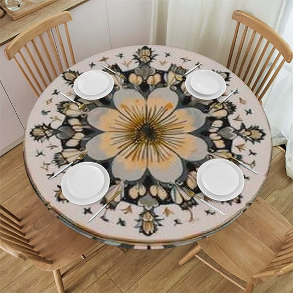 WYYP Flowers Leaves Circular Design Table Cover 100% Polyester Fiber Great for Home Kitchen/Parties/Holiday Dinner White