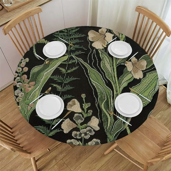 WYYP Flowers Leaves Fern Round Tablecloth for Picnic Dining Kitchen Farmhouse 100% Polyester Fiber Waterproof White
