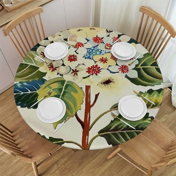WYYP Flowers Leaves Folk Art Round Tablecloth 100% Polyester Fiber with Elastic Edge White