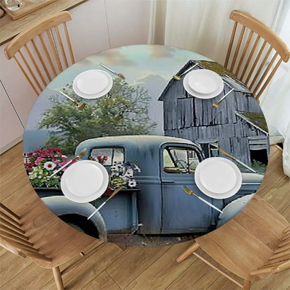 WYYP Flowers Round Table Cloth 100% Polyester Fiber Outdoor Fitted White
