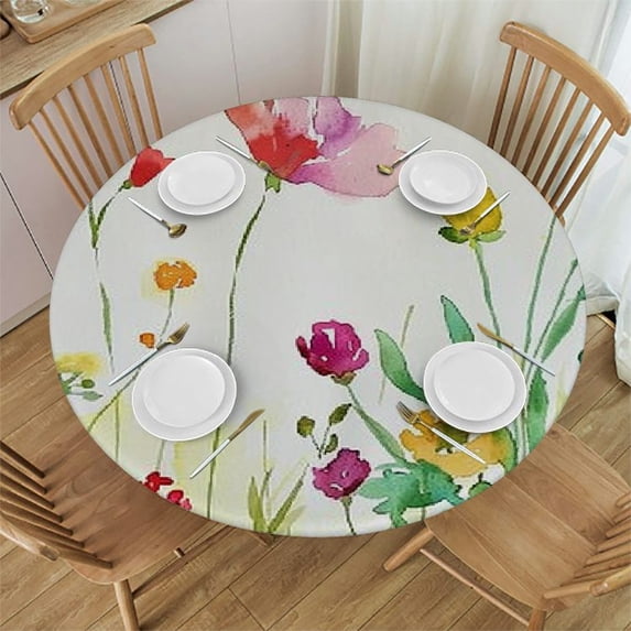 WYYP Flowers Round Table Cover with Elastic Edge 100% Polyester Fiber Tablecloth White