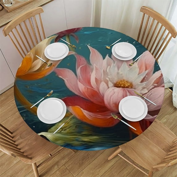 WYYP Flowers Round Tablecloth 100% Polyester Waterproof Resistant Fabric White