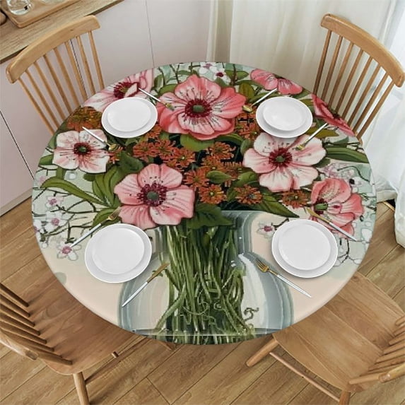 WYYP Flowers Flowers Round Tablecloth Full Width Single-Sided Printing 100% Polyester Fiber Outdoor Picnic Camping and Indoor Kitchen Dining Party White