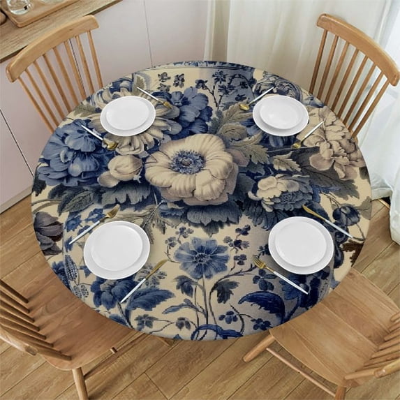 WYYP Flowers Round Tablecloth Outdoor Picnic Camping and Indoor Kitchen Dining Party 100% Polyester Fiber Outdoor Fitted Flowers White