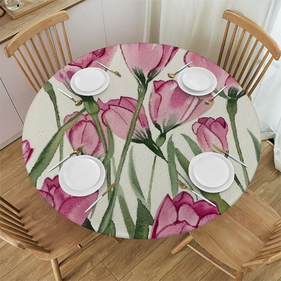 WYYP Flowers Round Tablecloth for Picnic Dining Kitchen Farmhouse 100% Polyester Fiber Waterproof White