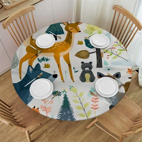 WYYP Forest Animals Round Tablecloth 100% Polyester Fiber Washable for Home Kitchen Outdoor Decoration White