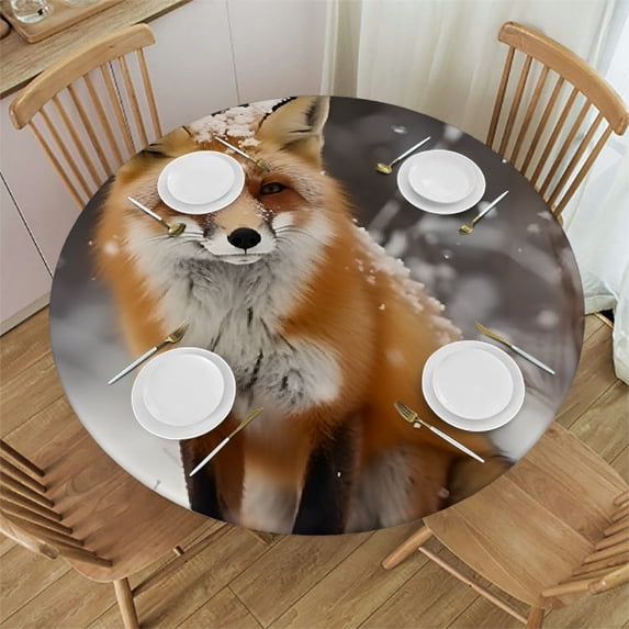 WYYP Fox Snow Woods Round Tablecloth Waterproof 100% Polyester Fiber Outdoor Fitted White