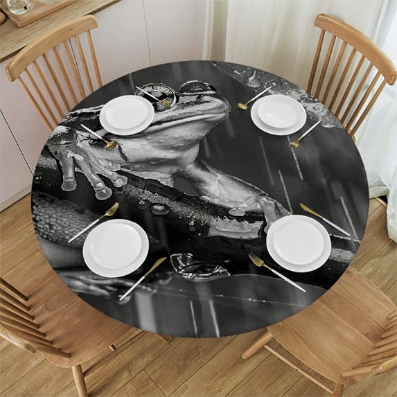 WYYP Frog Branch Rain Round Tablecloth Waterproof Resistant Fabric 100% Polyester Fiber Great for Home Kitchen/Parties/Holiday Dinner White