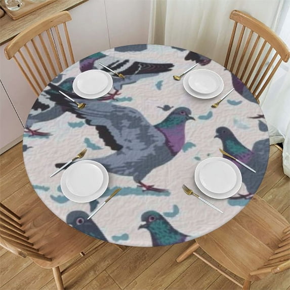 WYYP Full Width Single-Sided Printing Round Tablecloth Seamless Cute Pigeons Pattern White