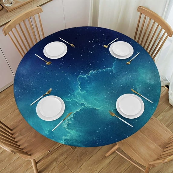 WYYP Galaxy Stars Clouds Round Tablecloth Waterproof Resistant Fabric 100% Polyester Fiber with Elastic Edge White